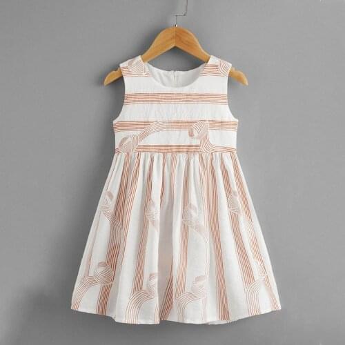 2021 New Girls' Summer Dress Orange Pinstripe Printed Sleeveless Dress Cotton Skirt