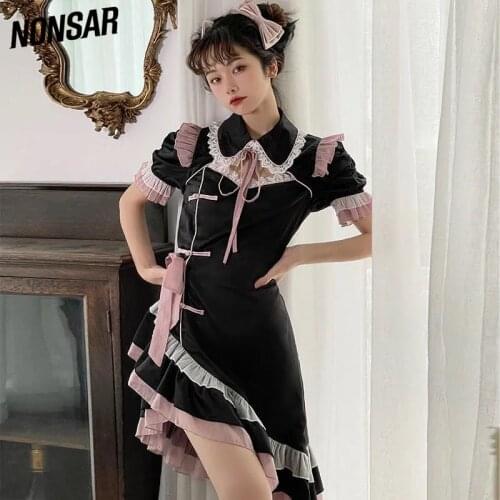 NONSAR Black Lolita Dress For Girls Maid Costumes Womens Party Sweet Sexy Cosplay Short Sleeve Mini Dress