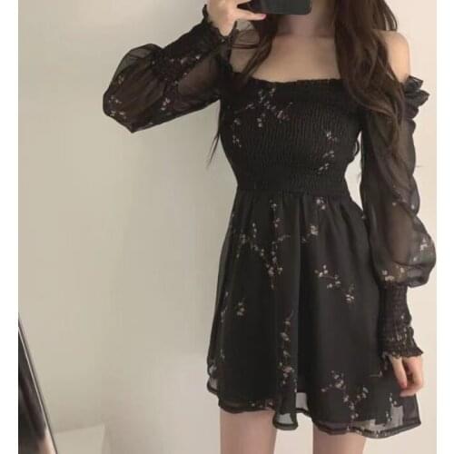 Autumn Womens Sexy Black Dress Vintage Flower Long Puff Sleeve Chiffon Dresses Korean Casual Mini Vestidos Mujer Clothes