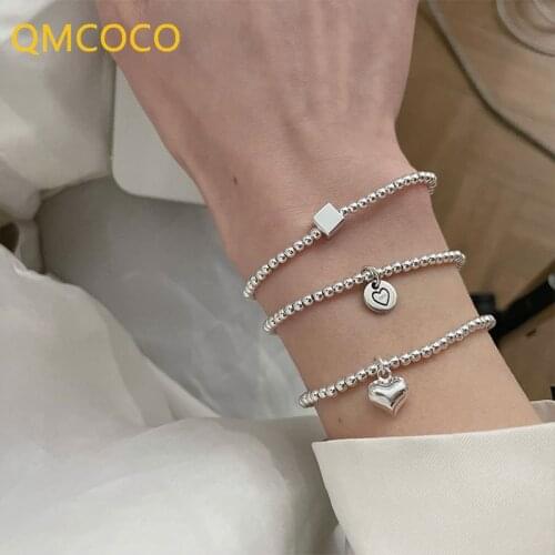 QMCOCO INS Fashion 925 Silver String Of Beads Bracelets Cute Simple Smiley Love Heart-Shape Accessories New Trendy Party Jewelry