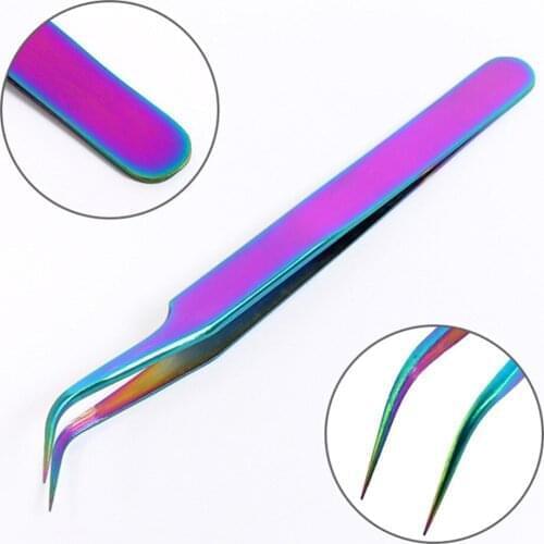 Hand Tool Stainless Steel Straight Curved Eye Lashes Tweezers Rainbow Colored False Fake Eyelash Extension Nippers Pointed Clip