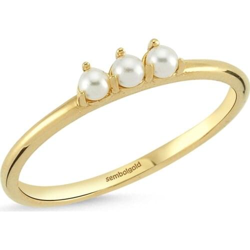 SembolGold Pearl Gold Ring 14k Tria Design Handmade Finger Jewelry Wedding Accessories Opening Ring Simple