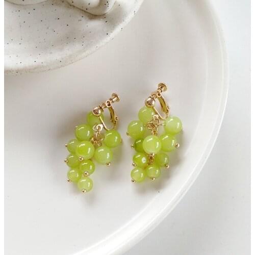 Japanese Style Girls fresh Green Grapes Bunch Clip on Earrings Round Crystal Grape Shape Earrings No Piercing Ears For Women