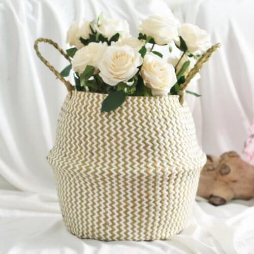 Foldable Handmade Storage Basket Folding Wicker Rattan Seagrass Belly Straw Garden Flower Pot Planter Laundry Basket