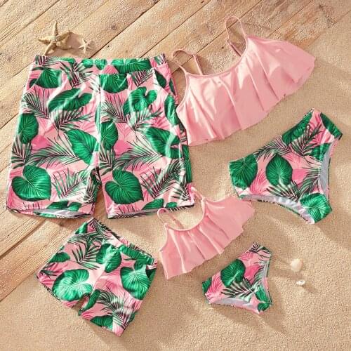 PatPat 2021 New Summer Tankini Green Leaf Print Pink Matching Swimsuits
