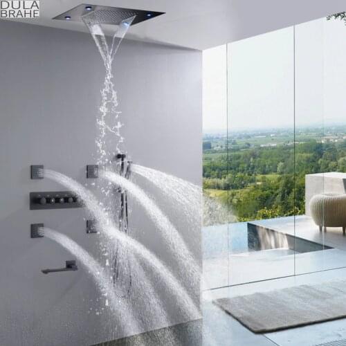 Waterfall Thermostatic LED Rain Shower System 14 X 20 Inch Rectangle Luxury Ceil Mounted Shower Head Bathroom Mixer Faucet Set