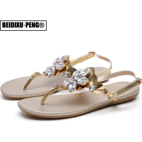 Street Women Thong Sandal Shoes Summer Beach Flip-flops Bling Crystals Flower Sandalias Shoe Ankle Strap Roman Flats Sandles New