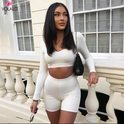 VOLALO Fitness Tracksuit Two Pieces Set Women Skinny Elastic Sportwear Long Sleeve Solid Corp Top+biker Shorts Streetwear Outfit