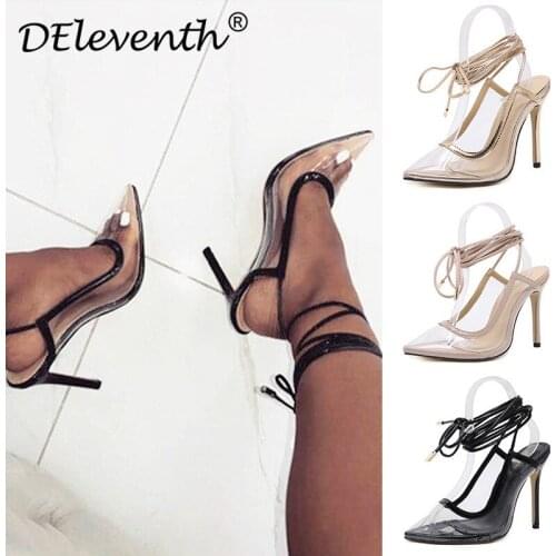 2020 New Women Sandals Stitching Ladies Sandals Pointed Toe PVC 12CM Thin Heels High heels Lace Up sandal women shoes size 35-42