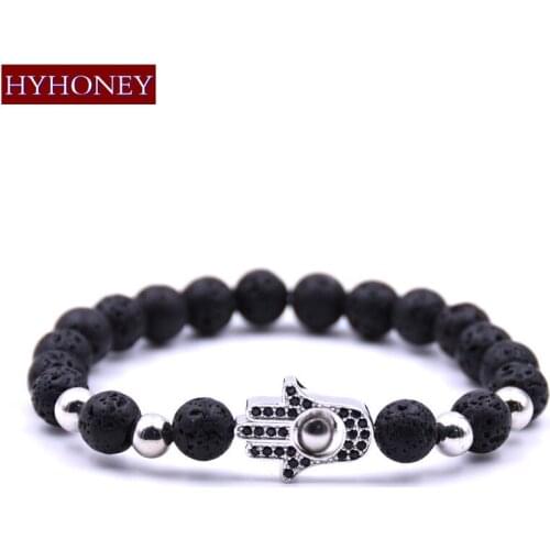 HYHONEY Micro Pave CZ Palm Charm Bracelets for Women 8mm Black Lava Natural Stone Beads Bracelets & Bangles Men Jewelry