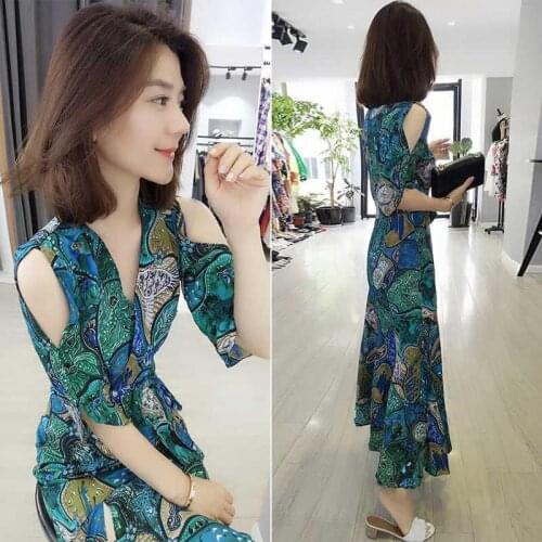 Elegant Slim Dress Women 2020 Summer New High Waist Floral Off-the-shoulder Chiffon Dresses Korean Fashion Runway Vestidos K342