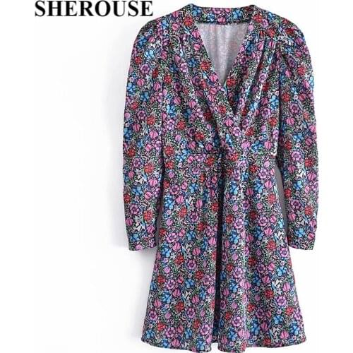 SHEROUSE Women Vintage Floral Printed Waist Elastic Dress V-neck Long Puff Sleeves Chic Lady Retro Woman Mini Long Dresses Robe