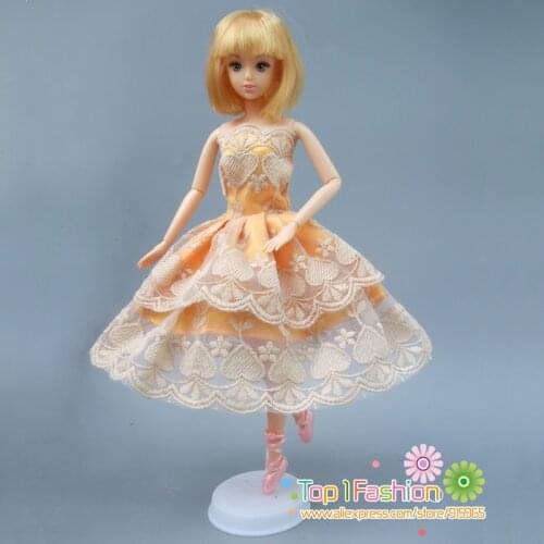 Free shipping 1pieces short ballet yellow dress for barbie doll dress for girl birthday new year gift