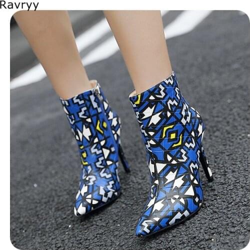 Fashion Womans short boots blue mix geometric patent leather autumn winter women ankle boot thin heel pointed toe female shoes
