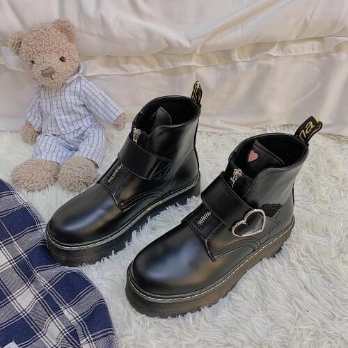 Punk Sweet Love Metal Buckle Black Martin Boots Lolita White Red Thick Bottom Locomotive Pu Shoes Street Shoes Girls Short Boots