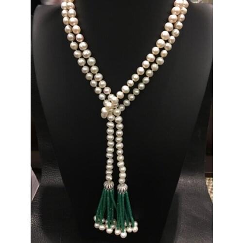 Hand knotted 110cm long 7-8mm natural white freshwater pearl sweater chain necklace fashion jewelry