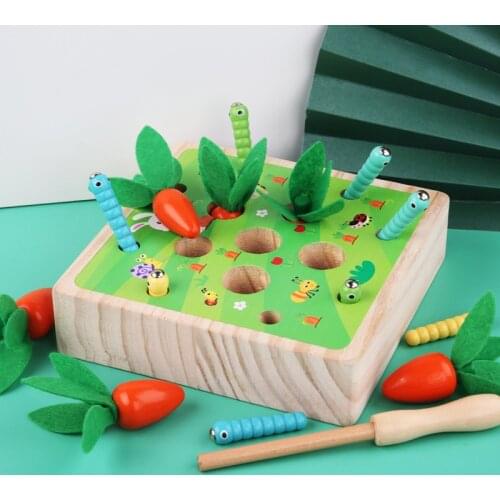 Montessori Wooden Magnetic Catch Worm Pull Radish Toys Kid Intelligence Fight Spell Insert Carrot Game Early Educational Toys