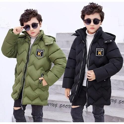 Childrens Clothing Boys Cotton Jackets 2020 Winter Plus Velvet Thick Mid-Length Letter Cotton Coat Detachable Hooded Overcoat