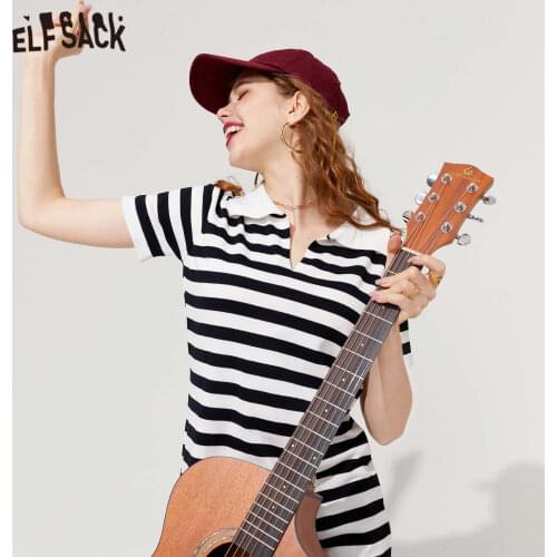 ELFSACK Striped High Waist Casual Vintage Dresses Women,2021 Autumn Stylish Half Sleeve Korean Ladies Daily Dress