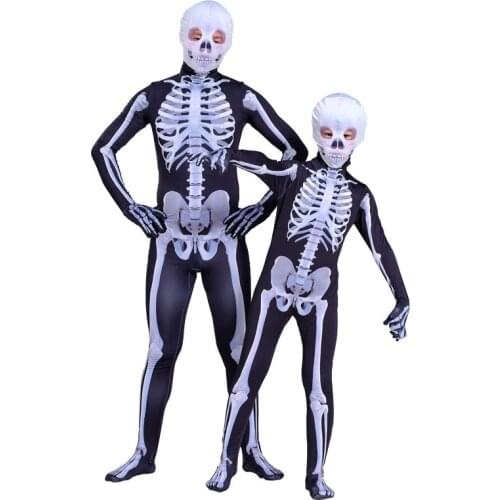 Parent-Child Costume Clothes Halloween Skeleton Bone Terror Cosplay Masquerade Party Onesies Adult Kids Black Tight Bodysuit