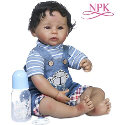 NPK 50CM African American boy bebe doll reborn baby doll in dark black skin soft body lifelike realistic high quality doll