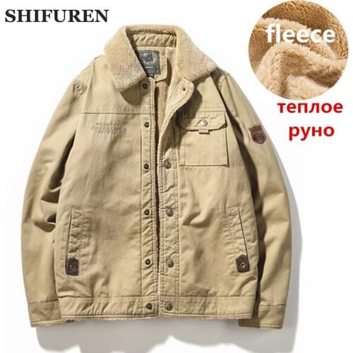 SHIFUREN Men Winter Military Cotton Cargo Jacket Thick Fleece Jacket Coat Single Breasted Male Thermal Long Sleeve Outerwear