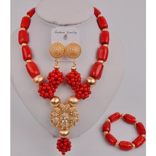 Fashion Red Coral Jewelry Set Nigerian Wedding Coral Beads African Necklace 12-K-02