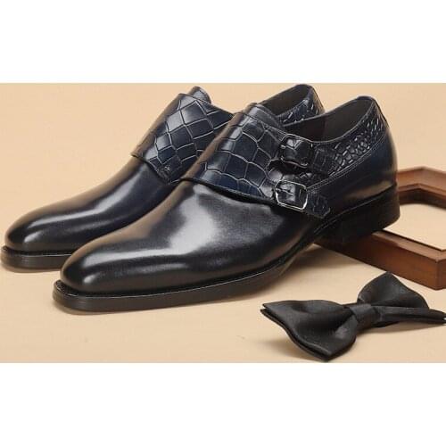 Autumn Mens Double Monk Strap Shoes Real Leather Black Buckle Shoes Boss Male Blake Formal Tuxedo Shoes Gents Social Size 37- 44