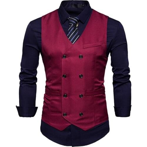 2020 Mens Double Breasted Burgendy Vest Slim Fit Sleeveless Black Waistcoat Men Business Wedding Vests Ivory Costume Homme