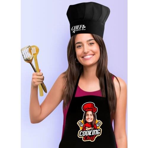 Personalized Women 'S Chef Caricature Of Black Kitchen Apron Cook Hat Seti-11 Fun Gift Hat Mother Dad Special design