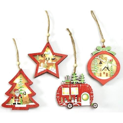 2020 Christmas Ornaments Christmas Luminous Pendant Christmas Tree Ornaments Decoration Wooden Santa Claus Elk Decoration