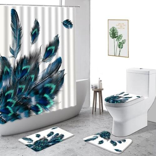 Peacocks Blue Feather Waterproof Shower Curtain Set Simple Nordic Bathroom Accessories Non-Slip Carpet Toilet Cover Bath Screen