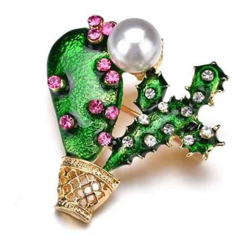 Green Enamel Pin Cactus Brooch Jewelry Kids Lady Crystal Pearl Plant Corsage Suit Scarf Dress Decoration Gold-color Pins Bijoux