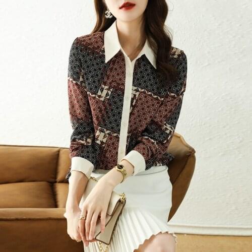 2021 new color matching plaid printing heavy silk shirt womens long-sleeved mulberry silk temperament was thin blouse