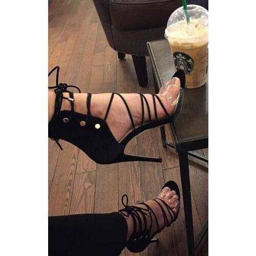 Sestito 2019 Women Sexy PVC Transparent Leather Flock High Heels Ankle Strap Sandals Ladies Peep Toe Lace-up Dress Shoes Woman
