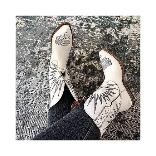 Vinapobo New Brand Embroidered Western Cowboy Boots for Women Square Med Heels Pointy Toe High Quality Knee High Boot Women Shoe