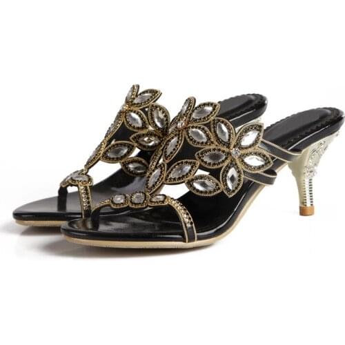 Womens Shoes Stilettos Slippers Summer New Sandals Hollow Rhinestones Flowers Decorative Large Size 7.5cm High Heel Slippers