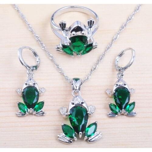 Frog Design Womens Jewelry Sets Silver Color Wedding Zirconia Earrings Set Green Crystal Pendant Necklace Rings QZ0319