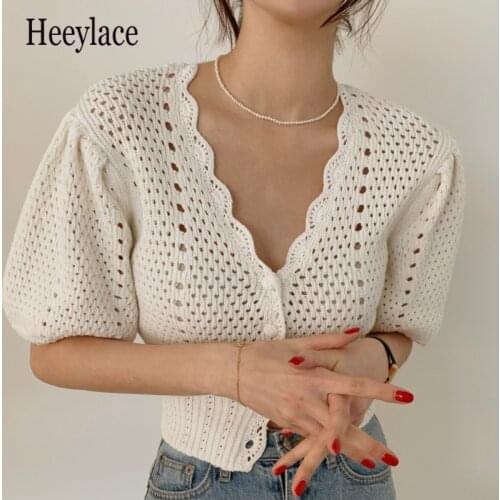 Summer Casual Knitwear Sweater Puff Sleeve 2021 New Hollow Out Crochet Flower Cardigan Women Elegant V Neck Slim Knit Crop Tops