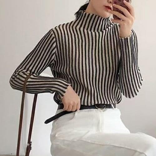 2021 New Spring Autumn Women Long Sleeve Vertical Stripes Zebra-colored Pullover knitted Sweater Turtleneck Slim Bodycon Pullove
