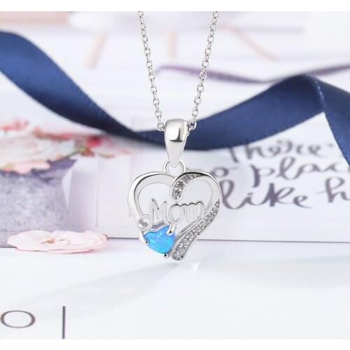 Women Silver Color Necklace Letter MOM Heart Pendant Necklace White Blue Pink Opal Necklace Mothers Day Gift Fashion Jewelry
