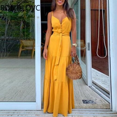Women Spaghetti Strap Button Knotted Ruffle Trim Maxi Dress Fashion Chic Dress Summer Dress