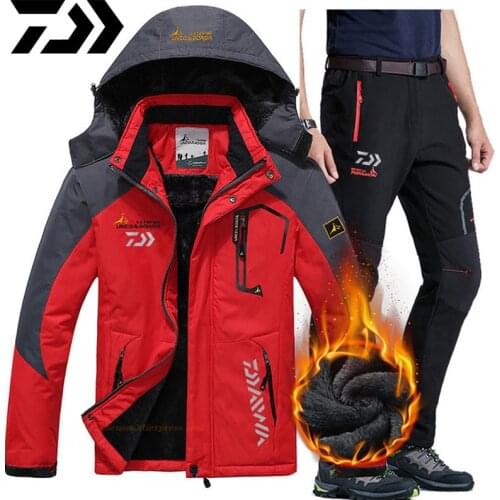 Daiwa Winter Ski Suits Men Waterproof Fleece Snow Jacket Thermal Warm Coat Outdoor Mountain Skiing Fishing Jacket Pants Suits