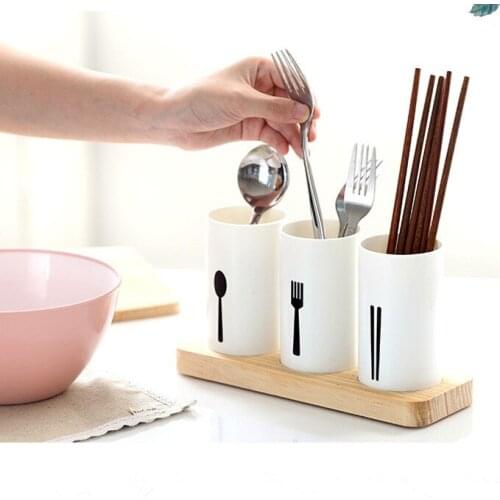 1PC Chopsticks Tube Tableware Storage Rack Drain Rack Shovel Spoon Bucket Knife Fork Box with Wood Base for Kitchen Tools NJ 002