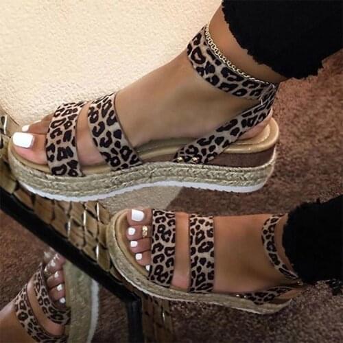 Retro Women Sandals Leopard Hemp Flat Platform Ladies Wedge Womens Shoes Woman Casual Buckle Strap Female Summer 2021 New
