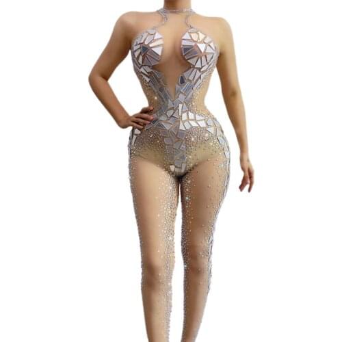 Sexy Sleeveless Transparent Rhinestones Mirrors Jumpsuit Singer Dancer Performance Stage Wear Birthday Celebrate Party Outfit