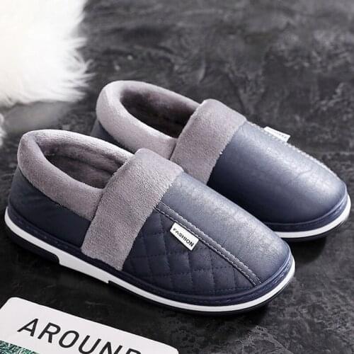 Leather House Slippers Men Winter Warm Shoes Sweing Unisex Home Slippers Male Plush Indoor Slipper 2021 Fashion Man Fur Slip On