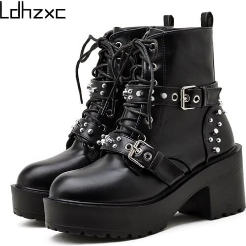 LDHZXC 2020 winter Women Fashion high heels Boots Thick Platform Black Booties Sexy Rivets Short Ankle Boots Trend Style British