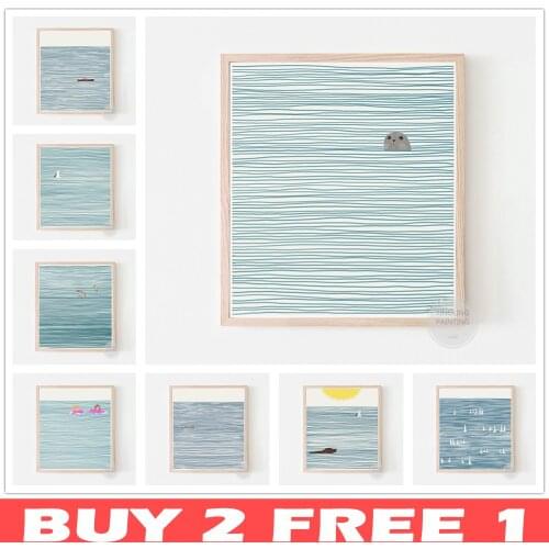 Seals Seagulls Fishing Boat Container Cruises Swimming Girls In The Striped Ocean Line Art Canvas Painting Simple Home Decor