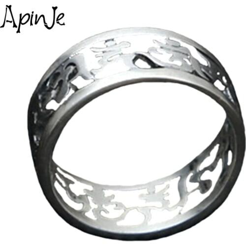 Apinje 990 Pure Silver Ring for Men Six Words Mantra Hollow Out Ring Men And Women Jewelry